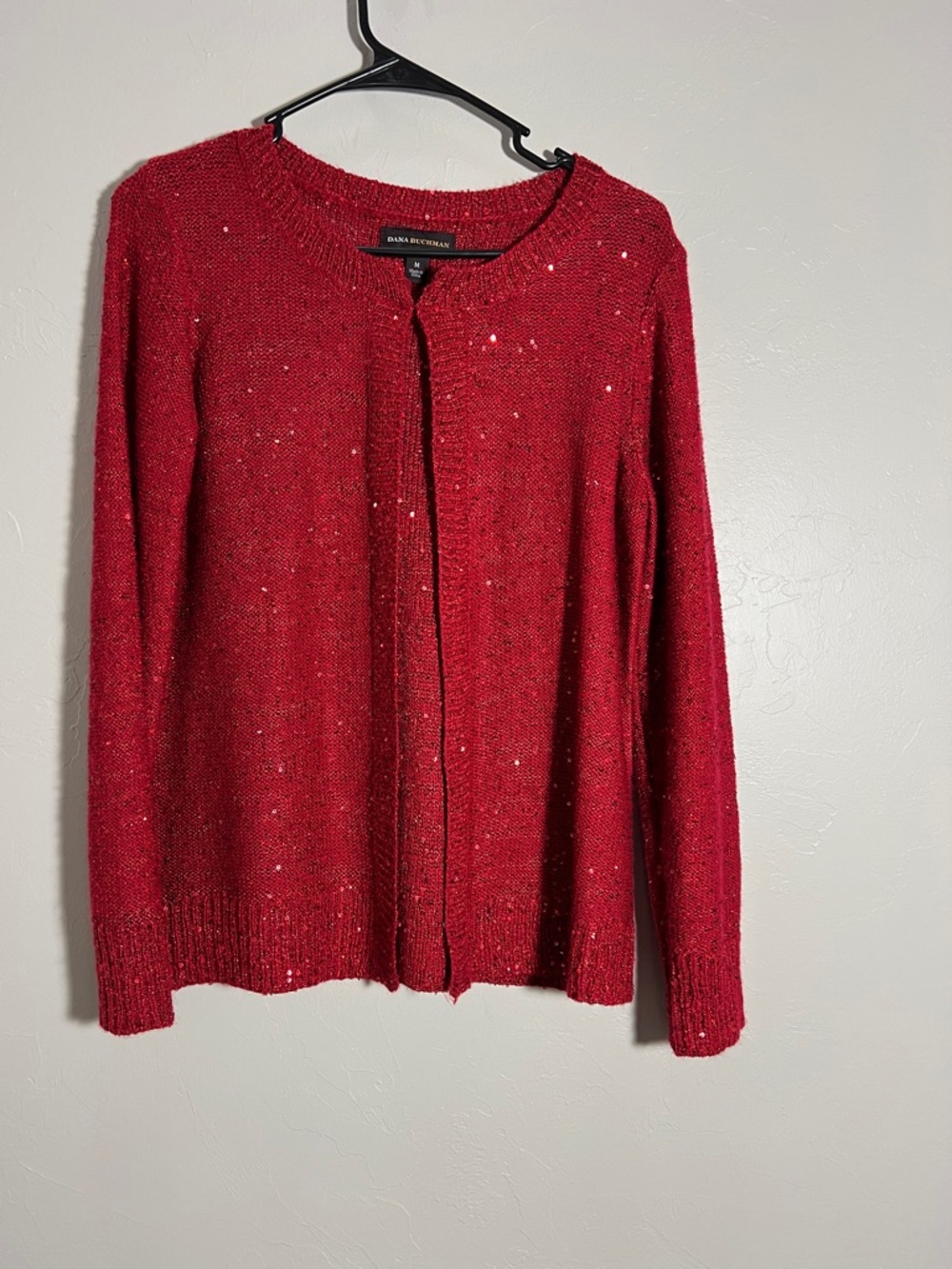 Dana Buchman Red Sequin-Accent Crewneck Open Cardigan